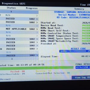 Diagnostic Lenovo du 28 juillet 2026 sur le ThinkPad X1 Carbon Gen 6, SSD Samsung 512 Go, tests PASSED