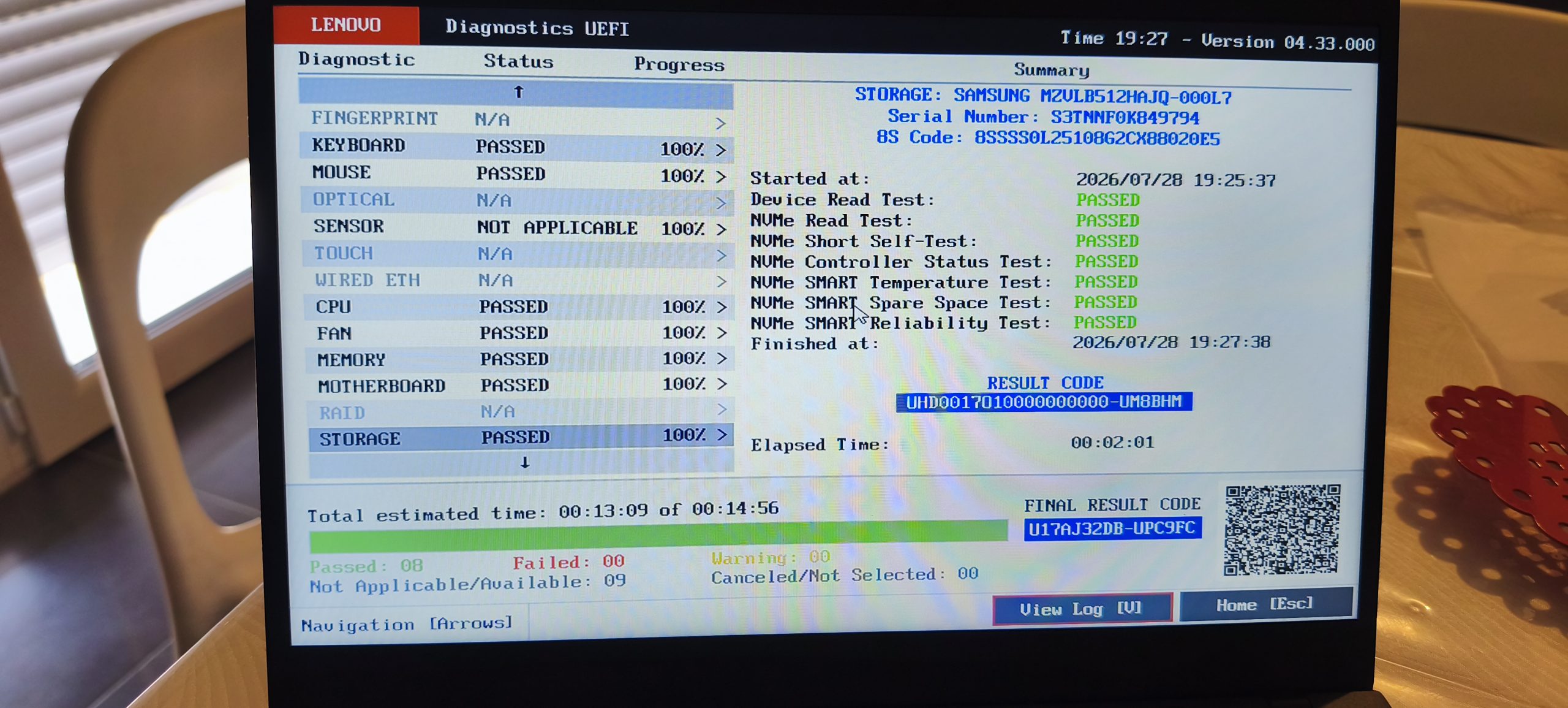 Diagnostic Lenovo du 28 juillet 2026 sur le ThinkPad X1 Carbon Gen 6, SSD Samsung 512 Go, tests PASSED