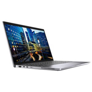 Ordinateur portable argenté ouvert affichant un paysage urbain lumineux, clavier et ports HDMI/USB visibles.